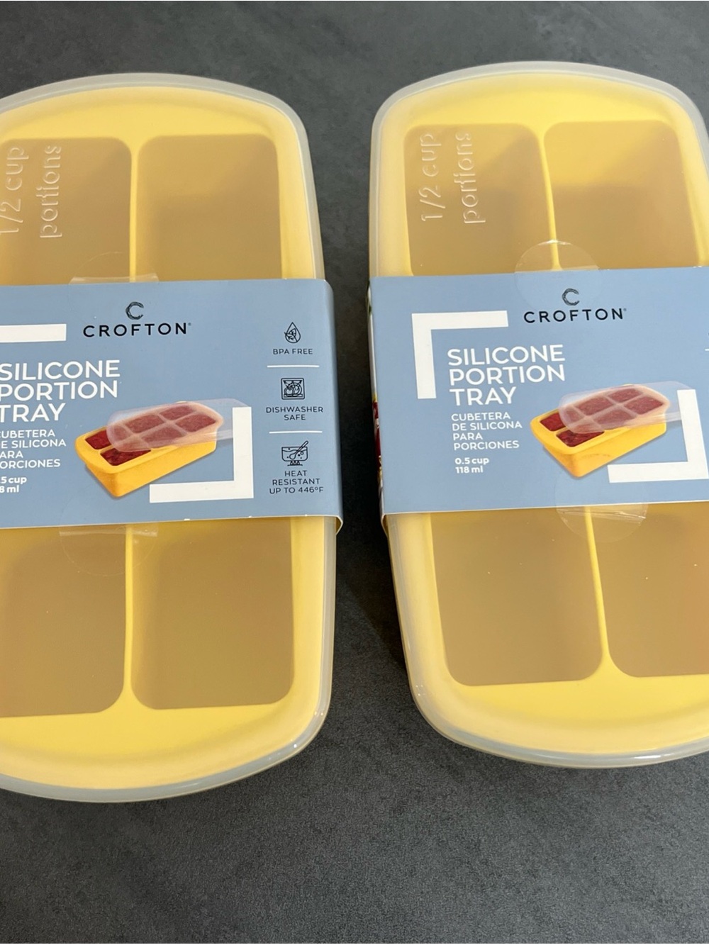 NEW Crofton Silicone Freezer Tray w Lid 2-Pack Yellow Makes 12 Half-Cup Portions